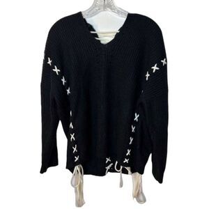 Miracle USA Lace-Up Tie Hem Sweater Black White Size S